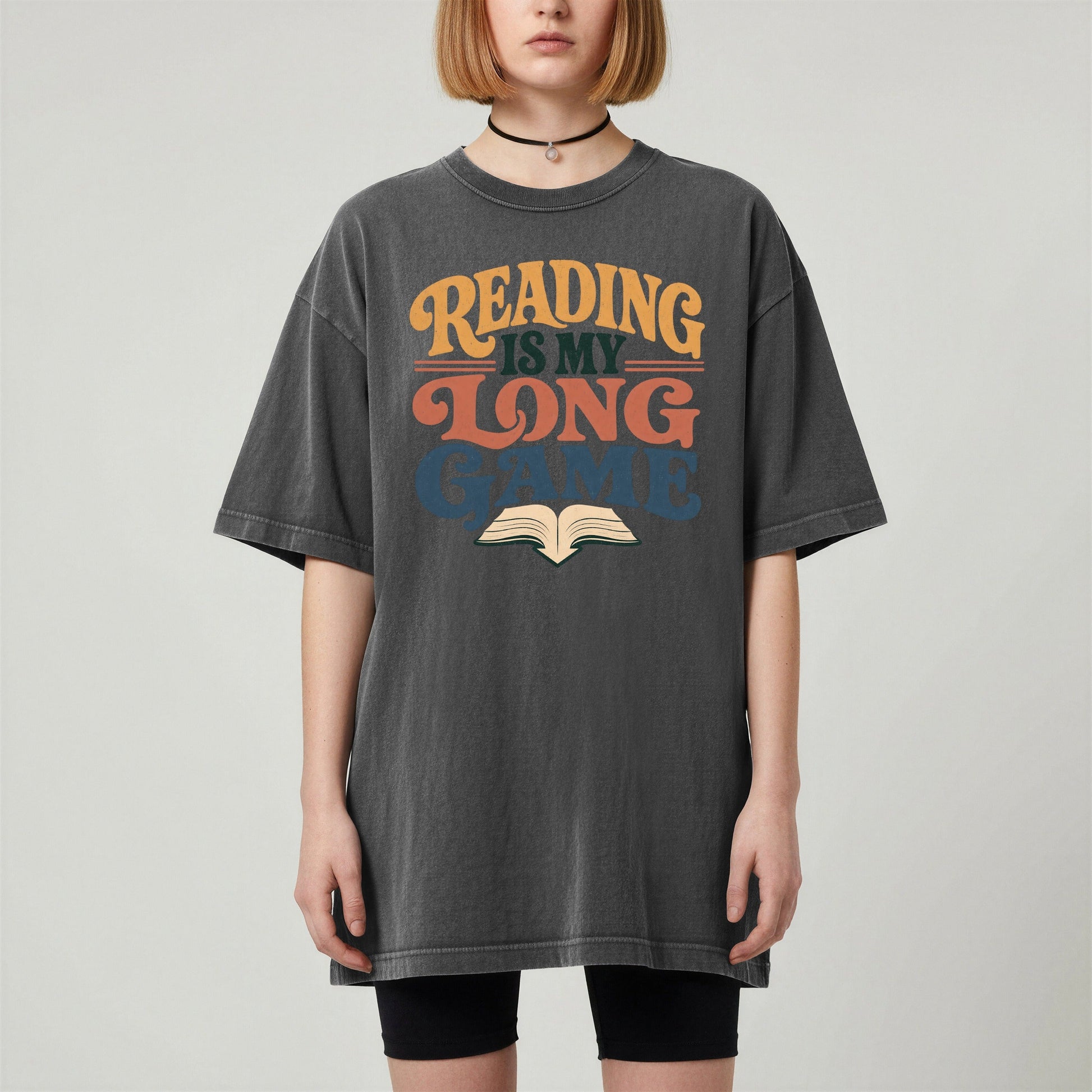 Reading Is My Long Game bookish tee in Pepper, worn