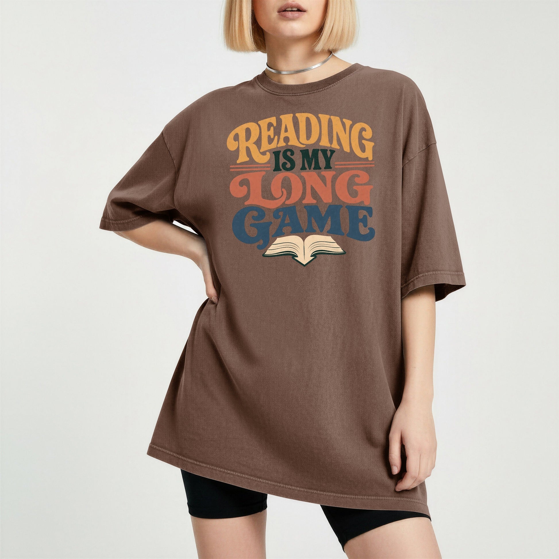 Reading Is My Long Game bookish tee in Espresso, worn