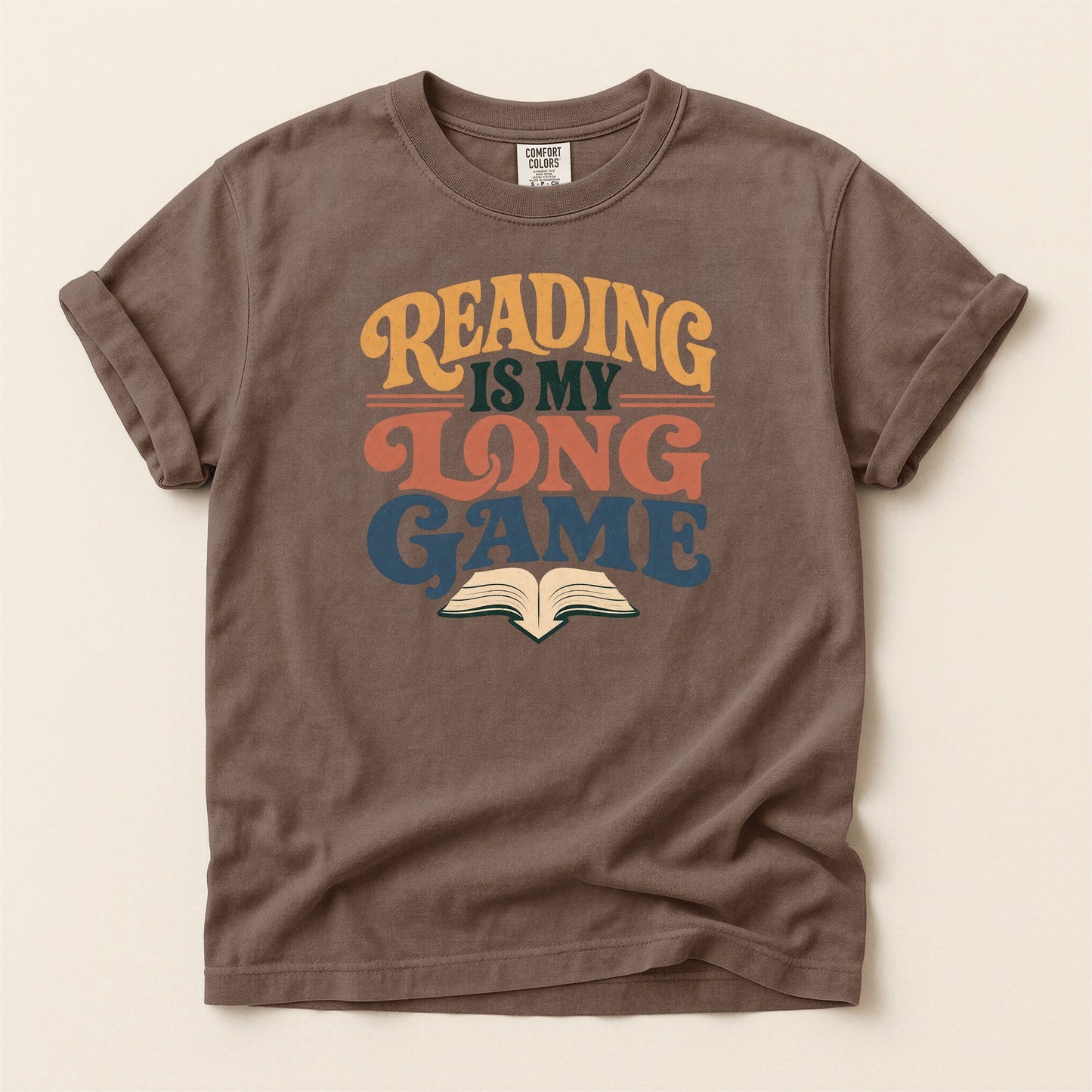 Reading Is My Long Game bookish tee in Espresso, full flat