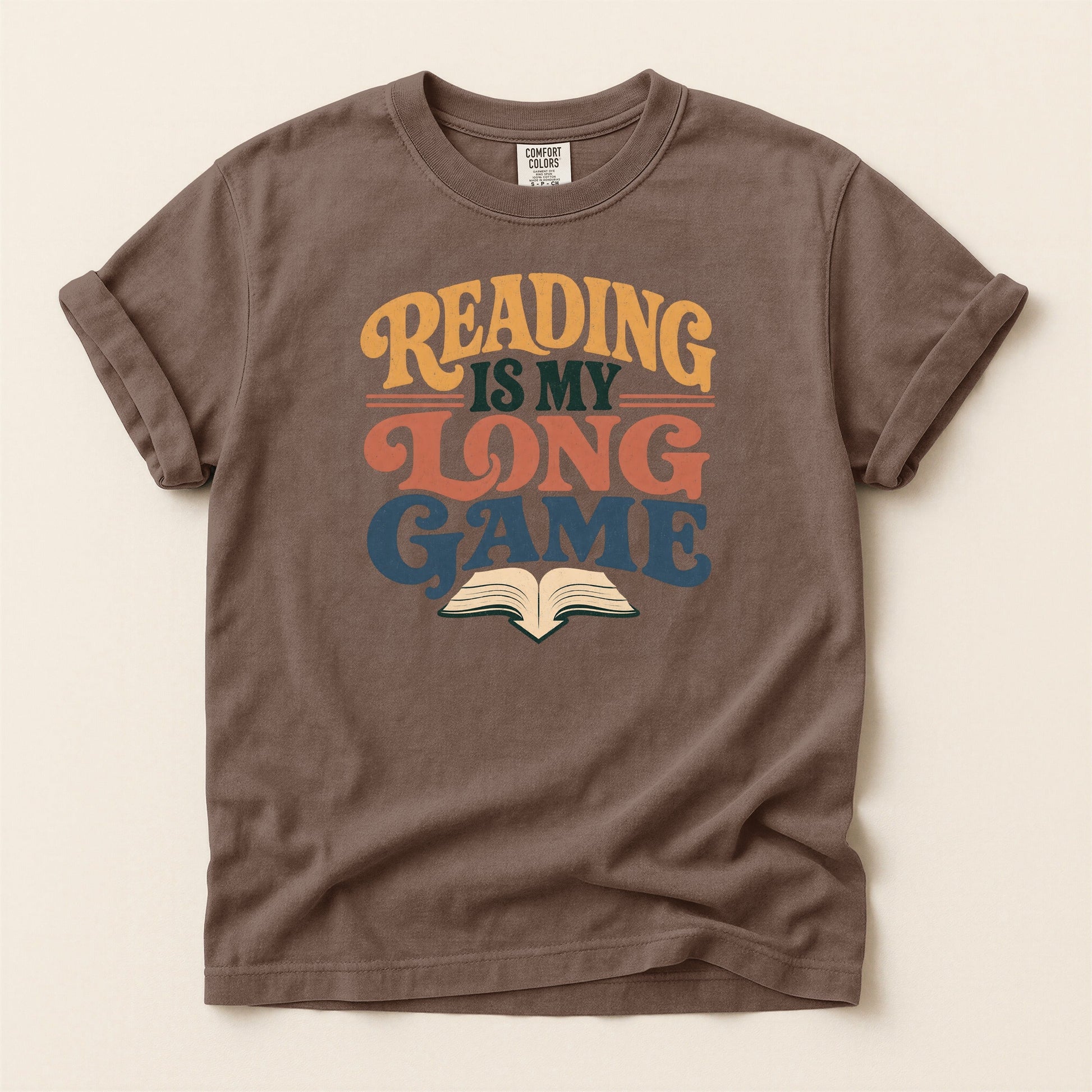 Reading Is My Long Game bookish tee in Espresso, full flat