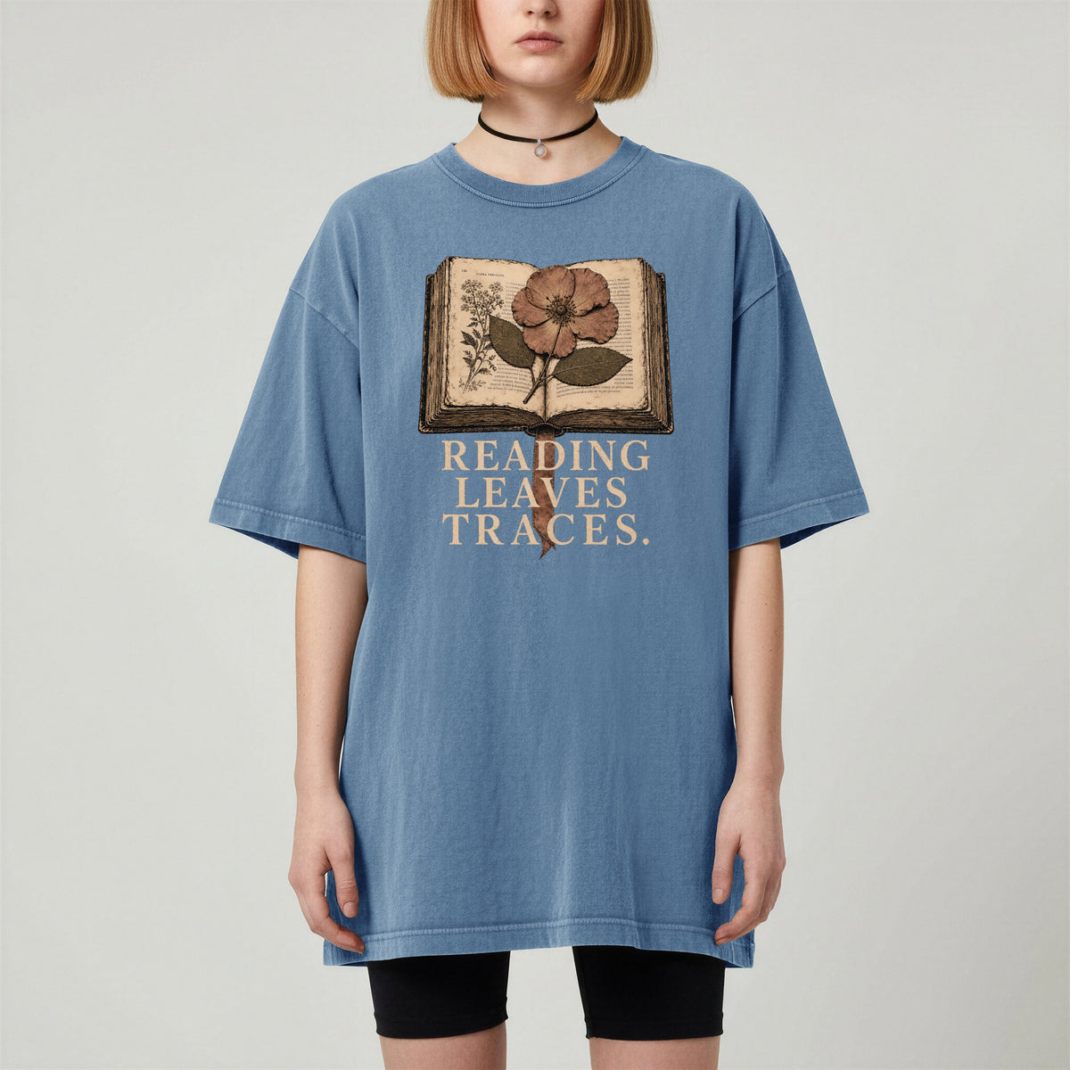 Shelf Love Studio Reading Leaves Traces t-shirt in Blue Jean, worn