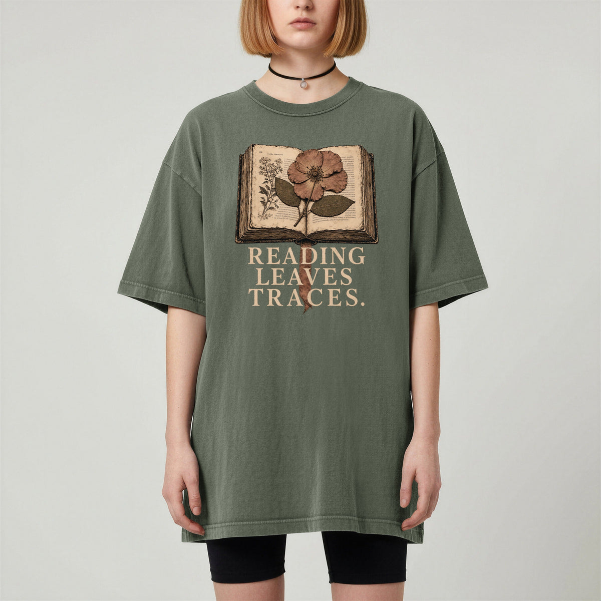 Shelf Love Studio Reading Leaves Traces t-shirt in Moss, worn