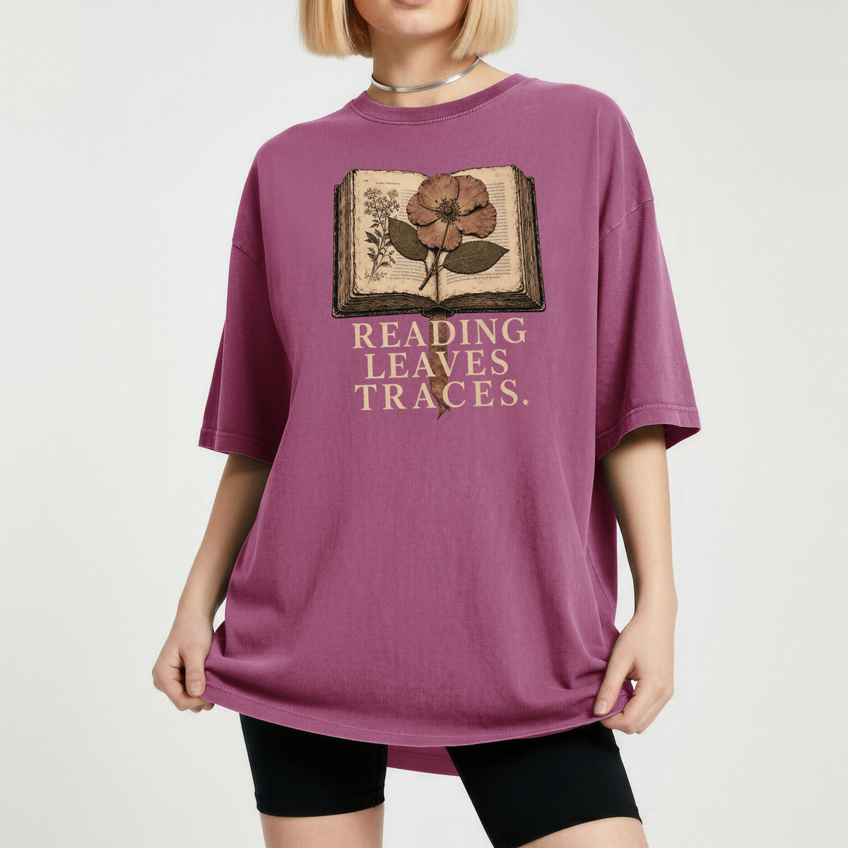 Shelf Love Studio Reading Leaves Traces t-shirt in Berry, worn