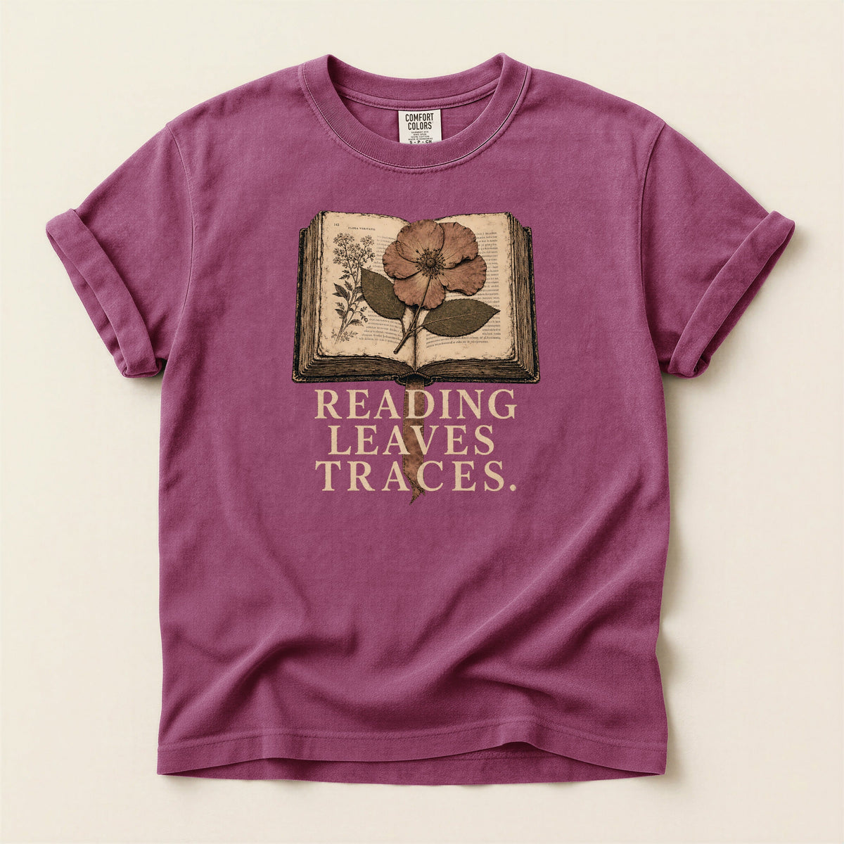 Shelf Love Studio Reading Leaves Traces t-shirt in Berry, flat