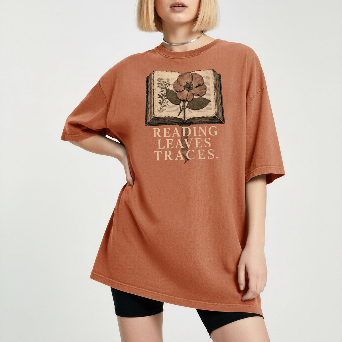 Shelf Love Studio Reading Leaves Traces t-shirt in Yam, worn