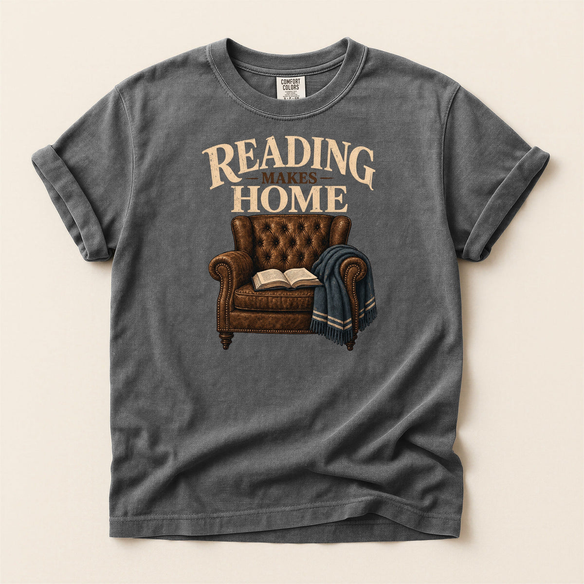 Shelf Love Studio Reading Makes Home t-shirt in Pepper, flat