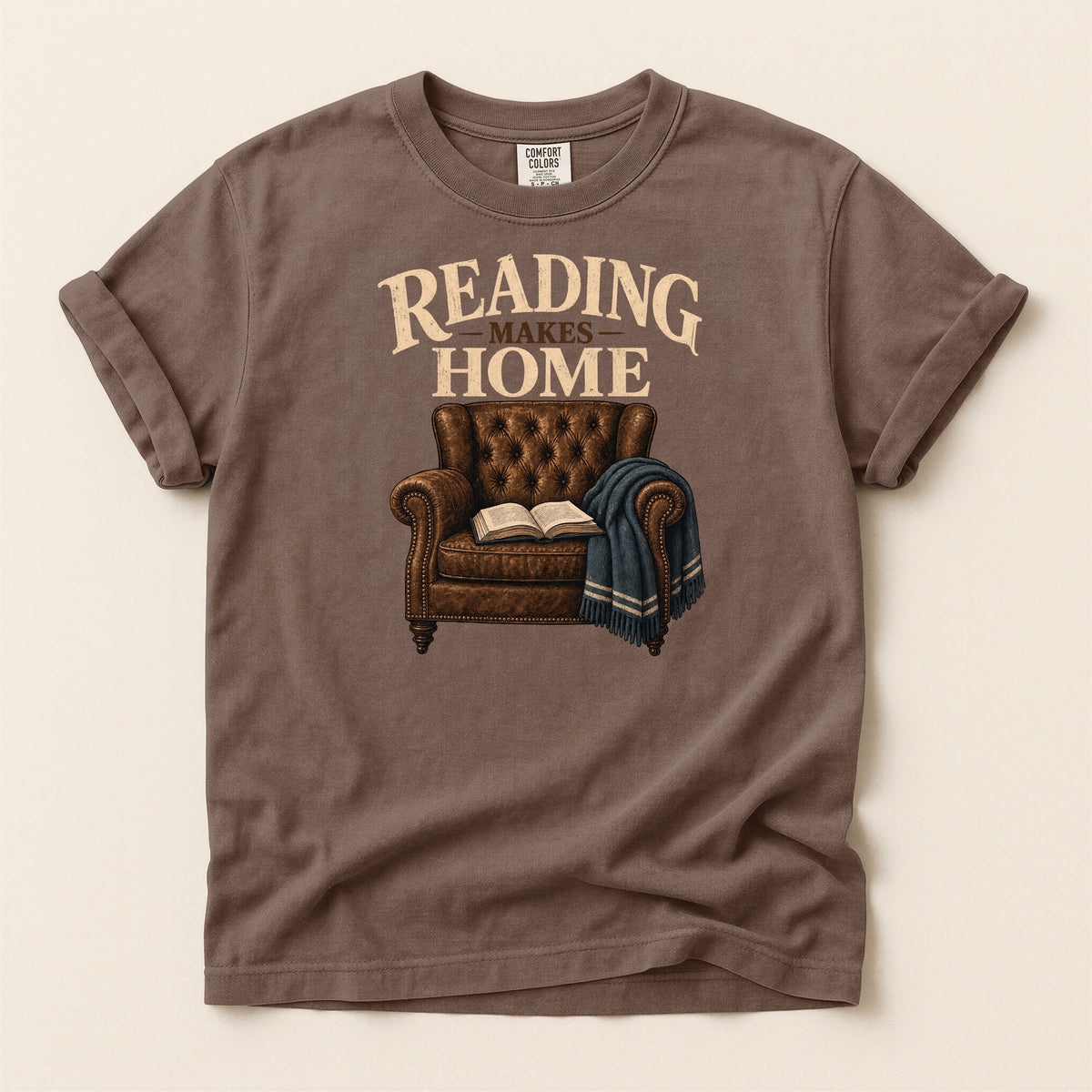 Shelf Love Studio Reading Makes Home t-shirt in Espresso, flat