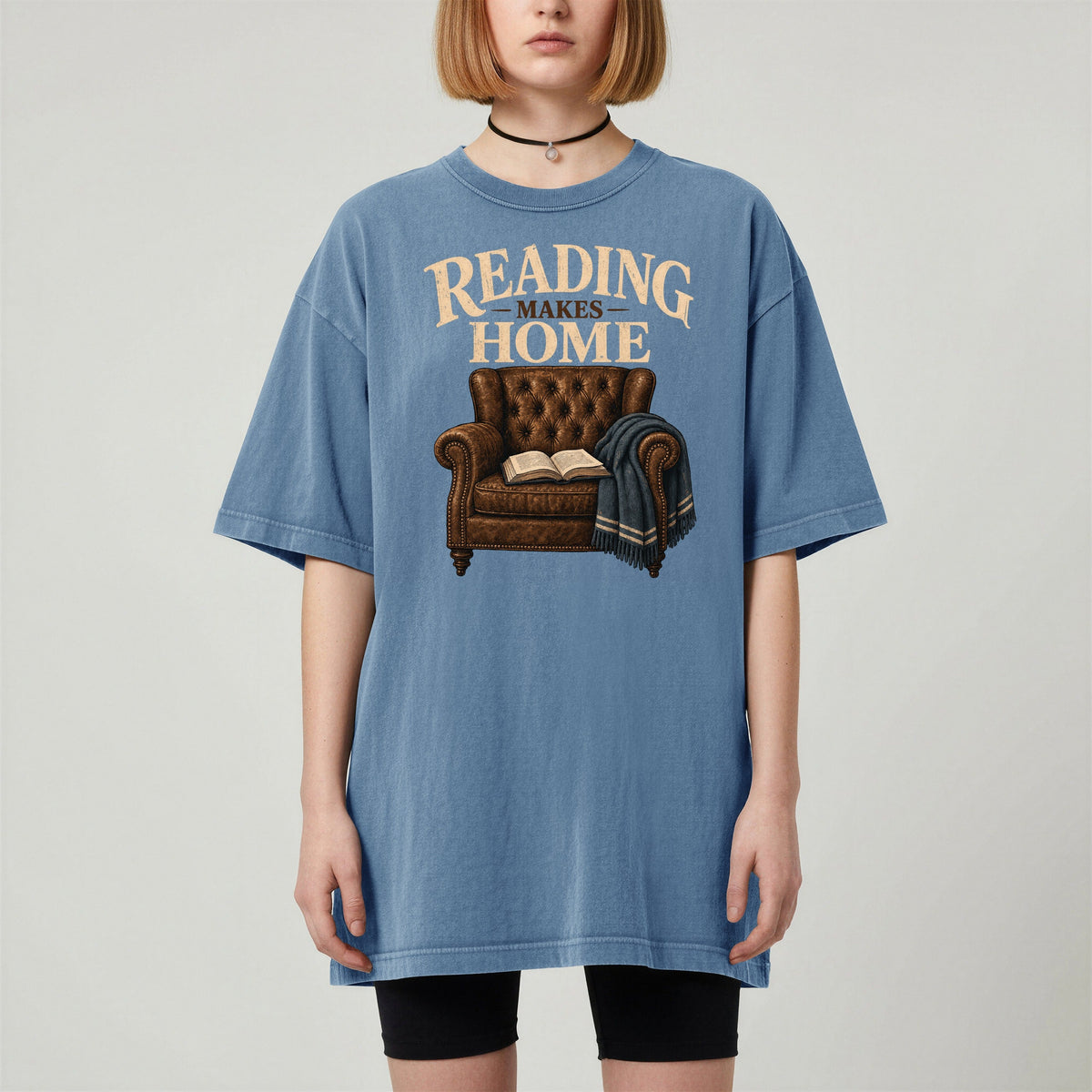 Shelf Love Studio Reading Makes Home t-shirt in Blue Jean, worn