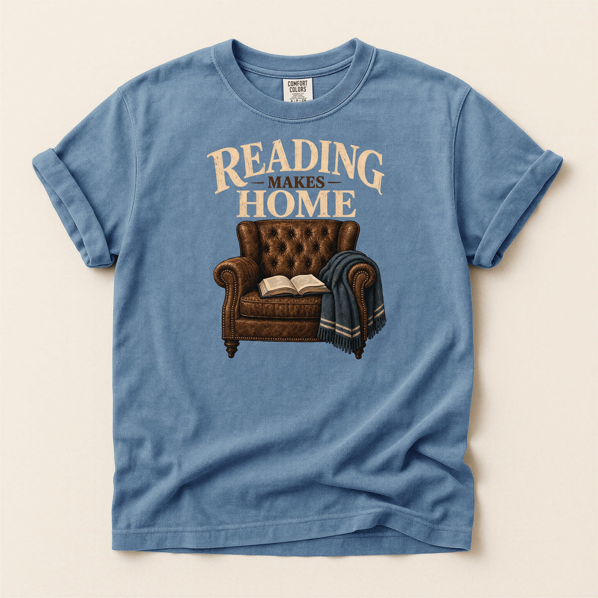 Shelf Love Studio Reading Makes Home t-shirt in Blue Jean, flat