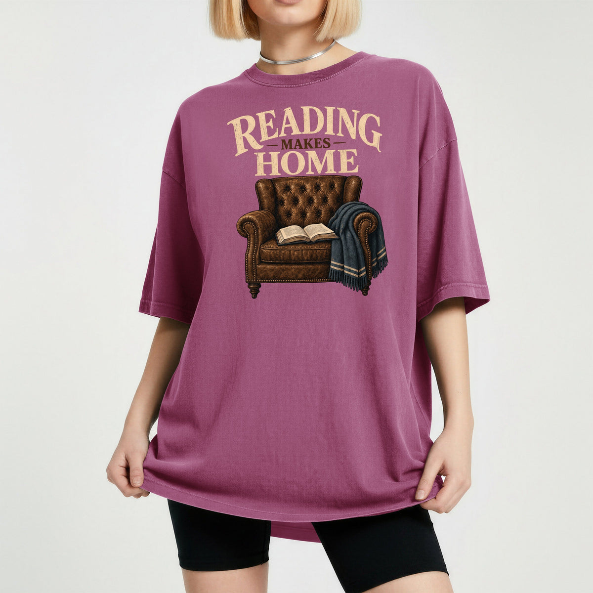 Shelf Love Studio Reading Makes Home t-shirt in Berry, worn