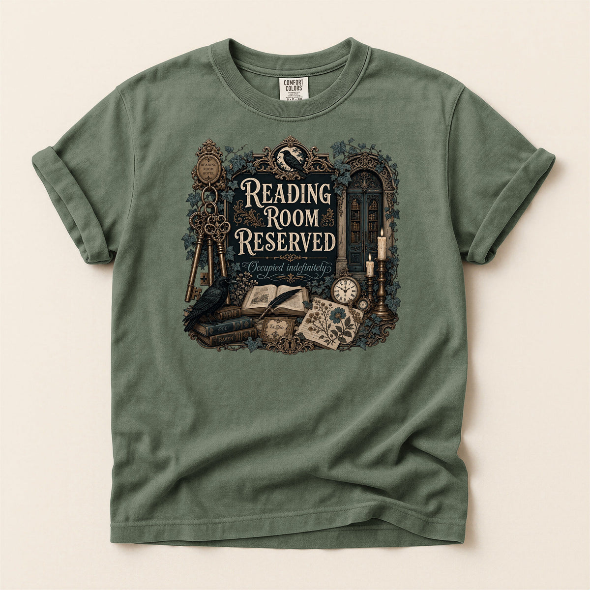 Reading Room Reserved bookish tee in Moss, full flat