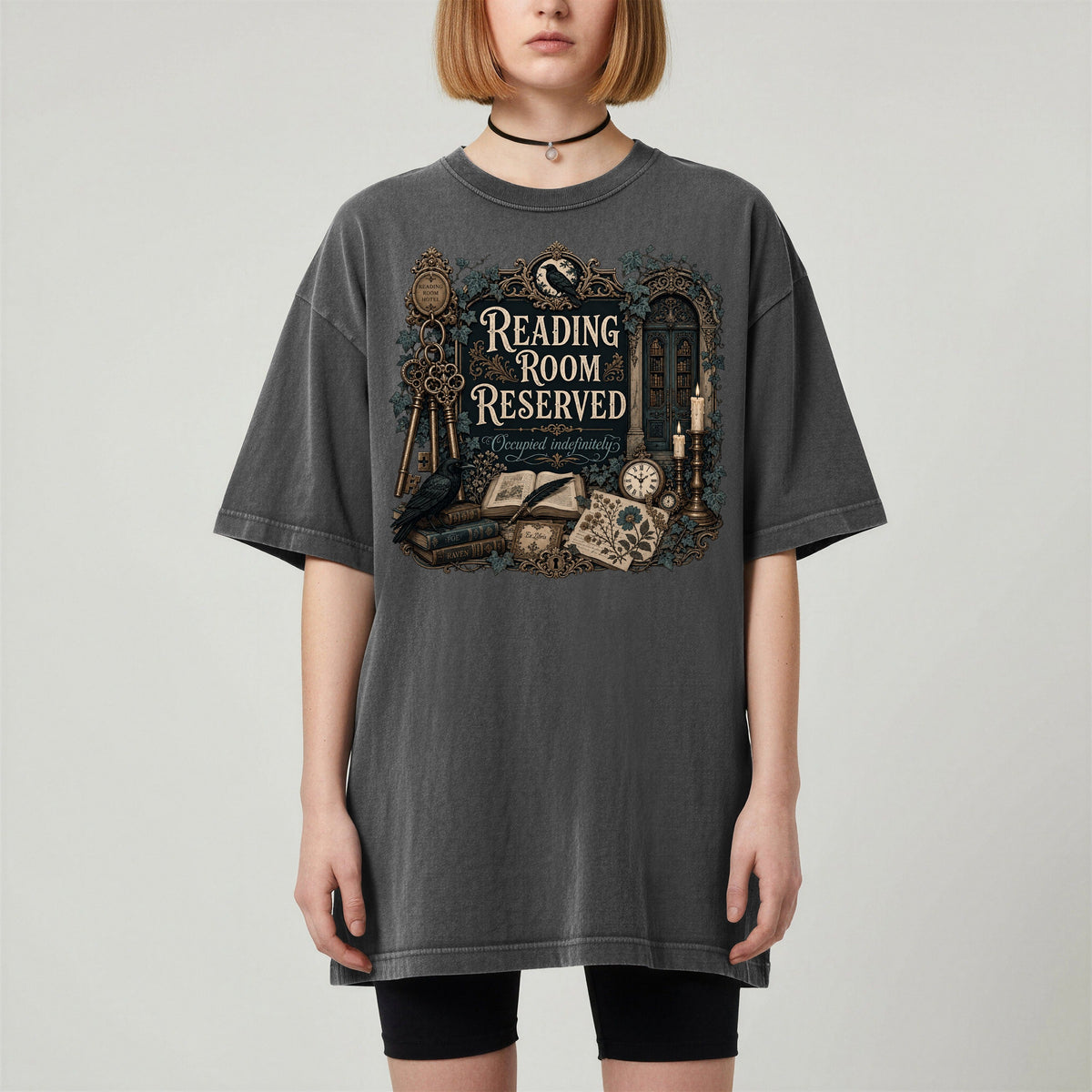 Reading Room Reserved bookish tee in Pepper, worn