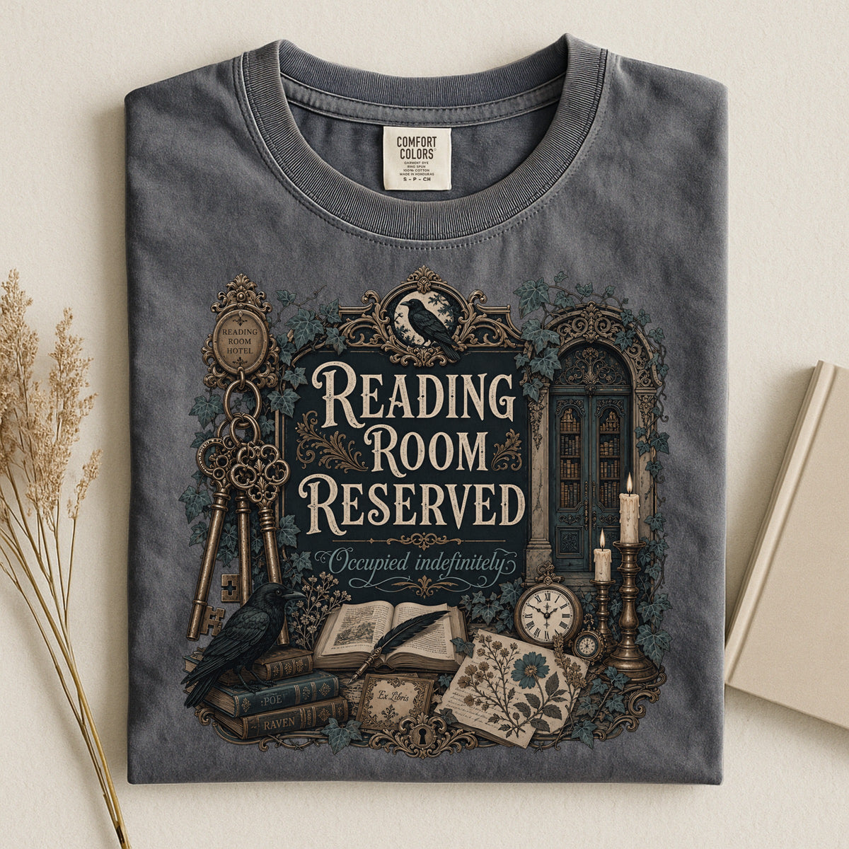 Reading Room Reserved bookish tee in Pepper, flat lay