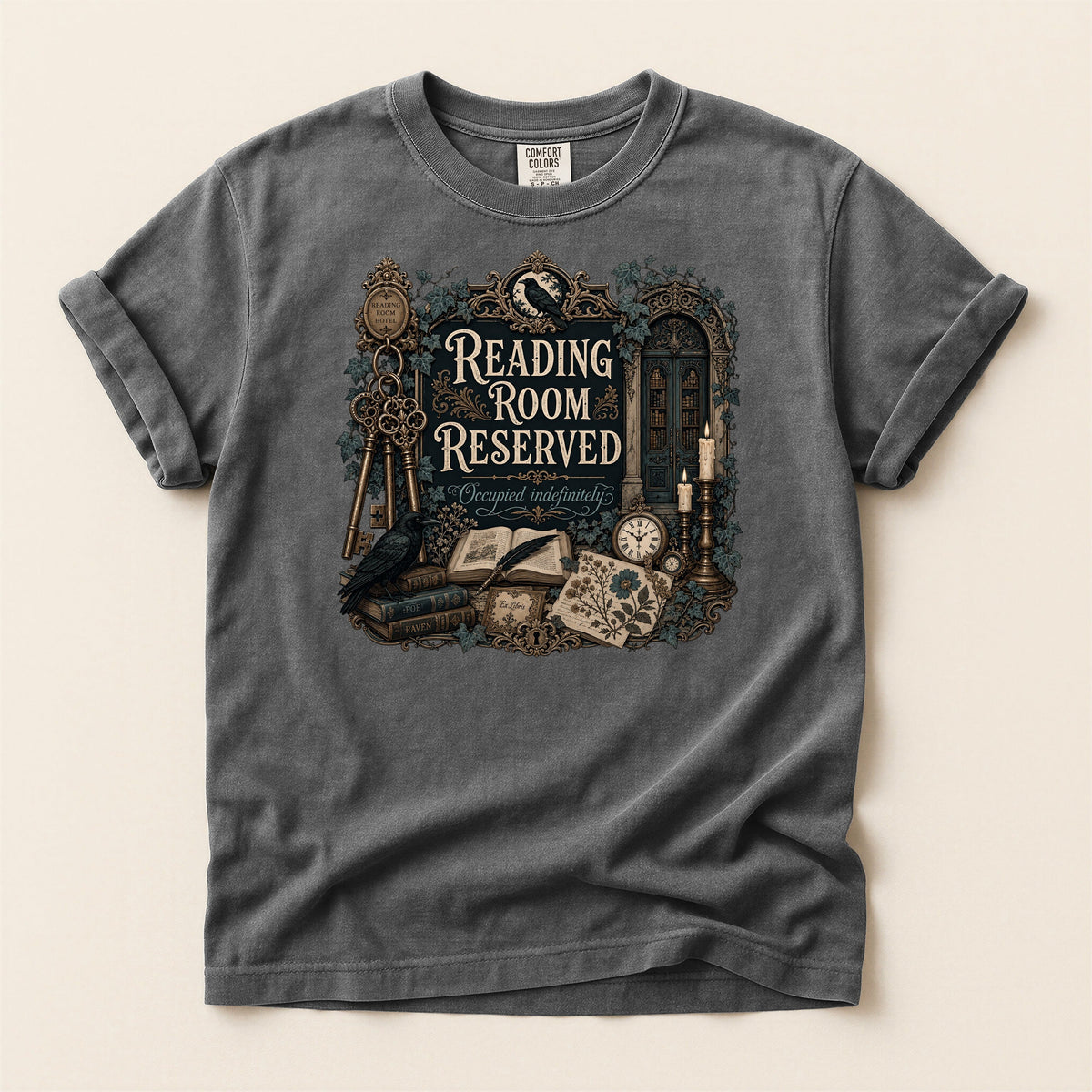 Reading Room Reserved bookish tee in Pepper, full flat