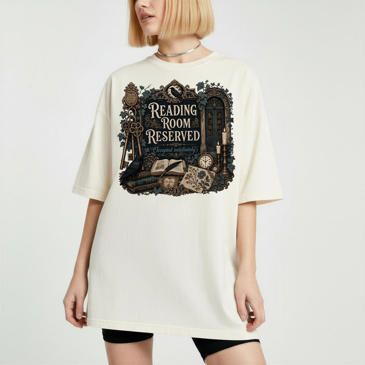 Reading Room Reserved bookish tee in Ivory, worn