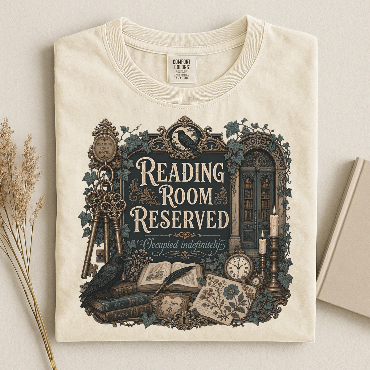 Reading Room Reserved bookish tee in Ivory, flat lay