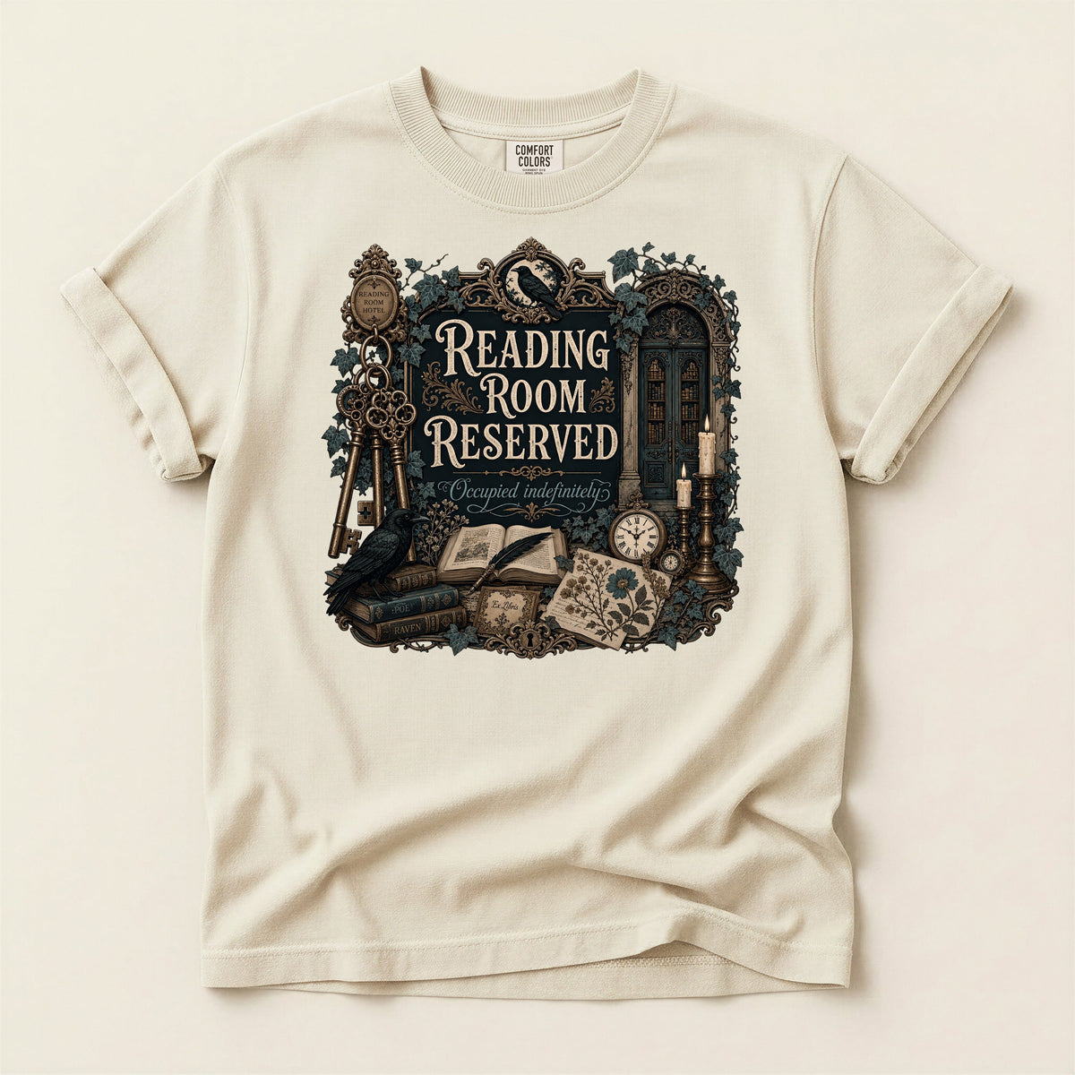 Reading Room Reserved bookish tee in Ivory, full flat