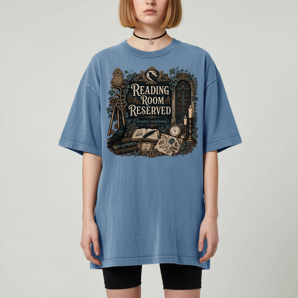 Reading Room Reserved bookish tee in Blue Jean, worn