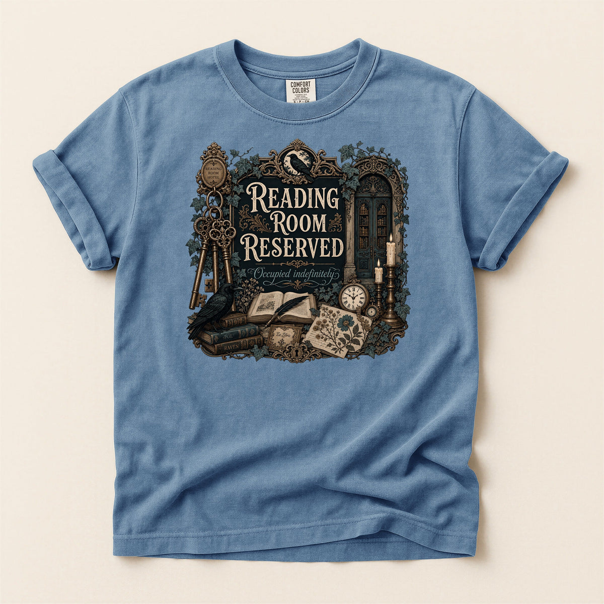 Reading Room Reserved bookish tee in Blue Jean, full flat