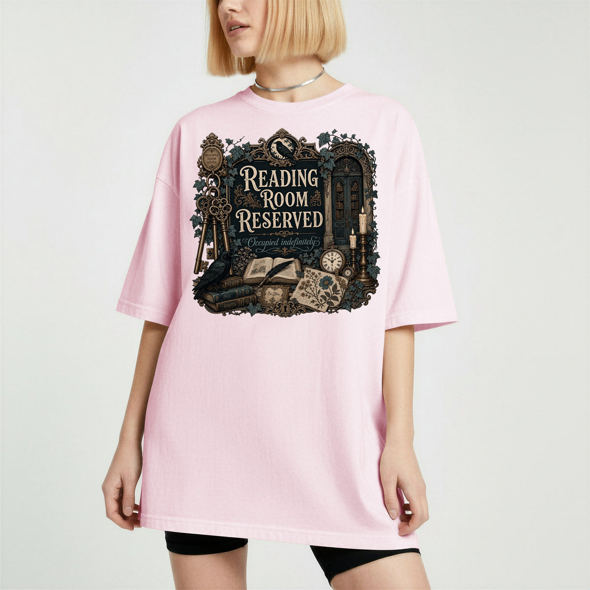 Reading Room Reserved bookish tee in Blossom, worn