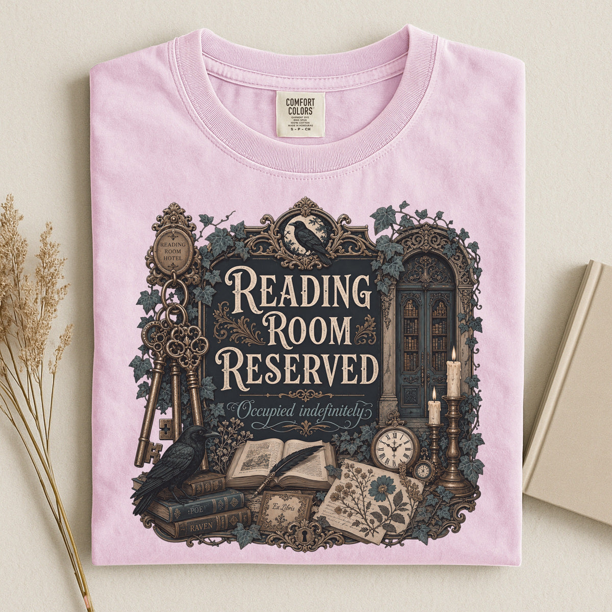 Reading Room Reserved bookish tee in Blossom, flat lay