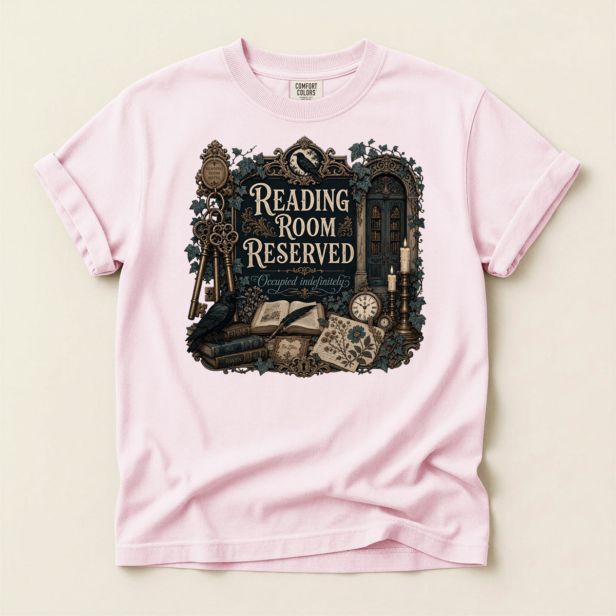Reading Room Reserved bookish tee in Blossom, full flat