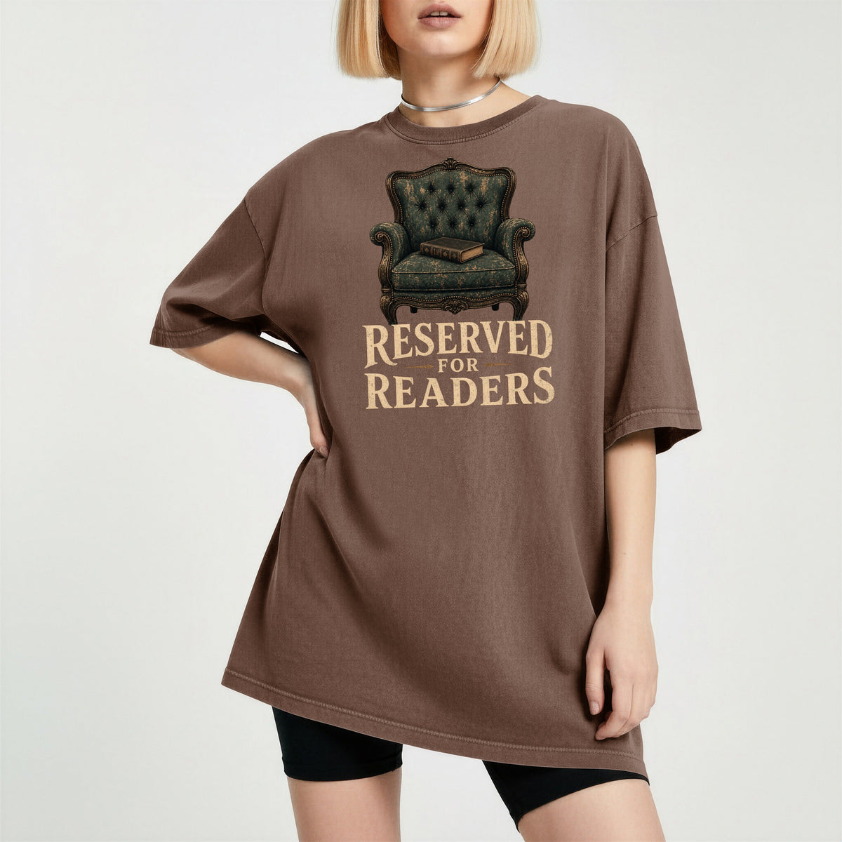 Shelf Love Studio Reserved for Readers t-shirt in Espresso, worn