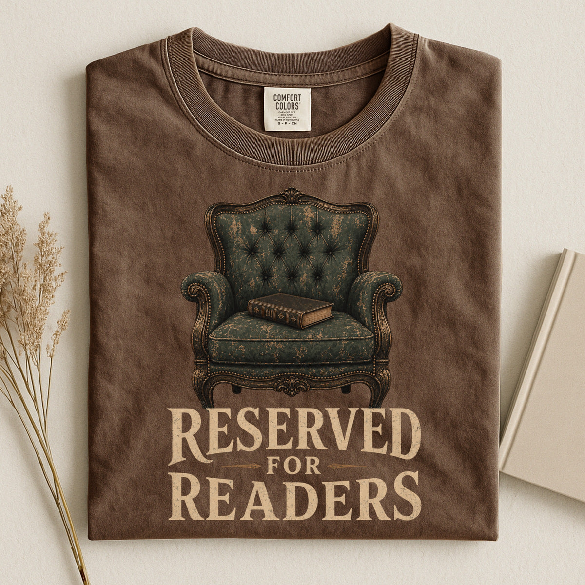 Shelf Love Studio Reserved for Readers t-shirt in Espresso, styled flat lay