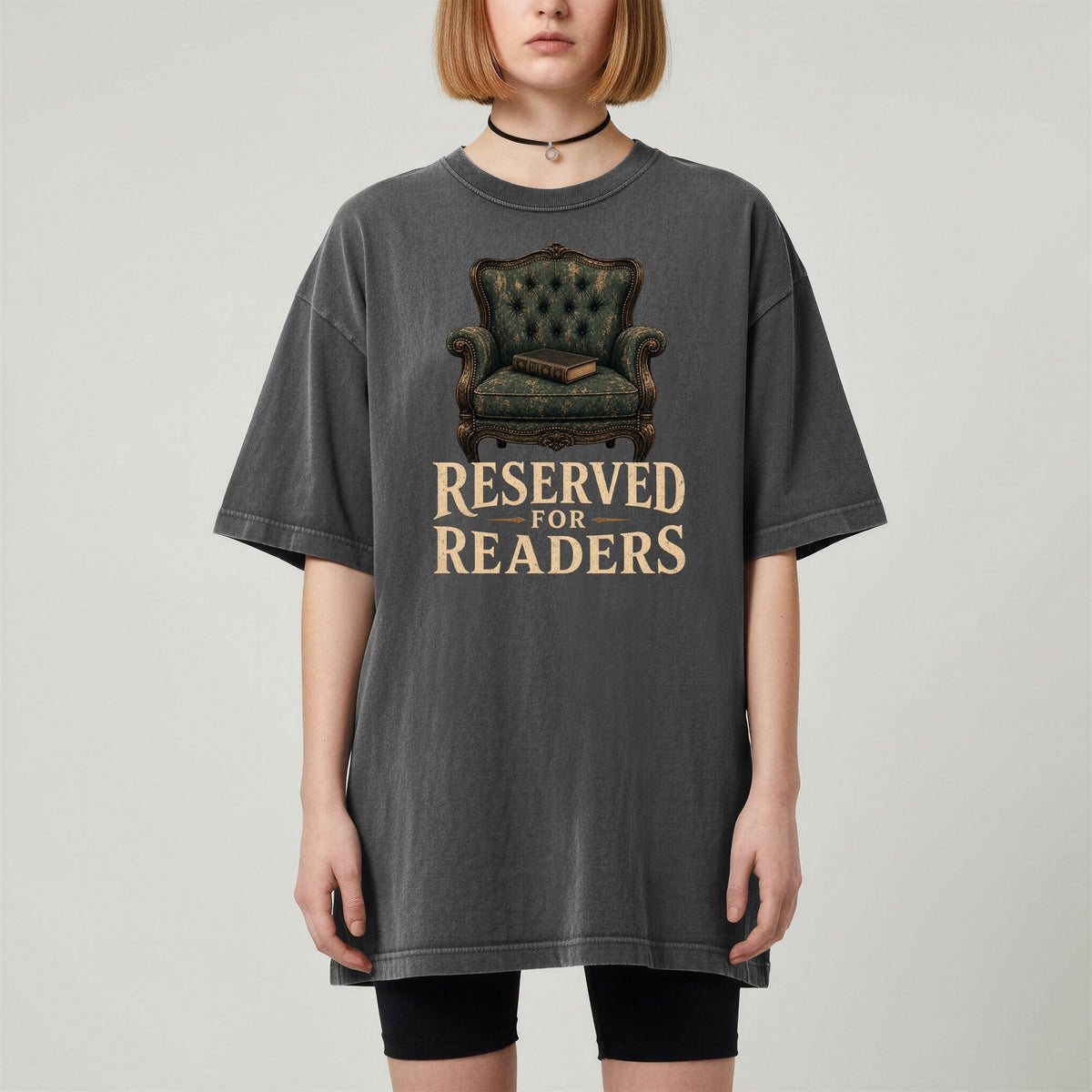 Shelf Love Studio Reserved for Readers t-shirt in Pepper, worn