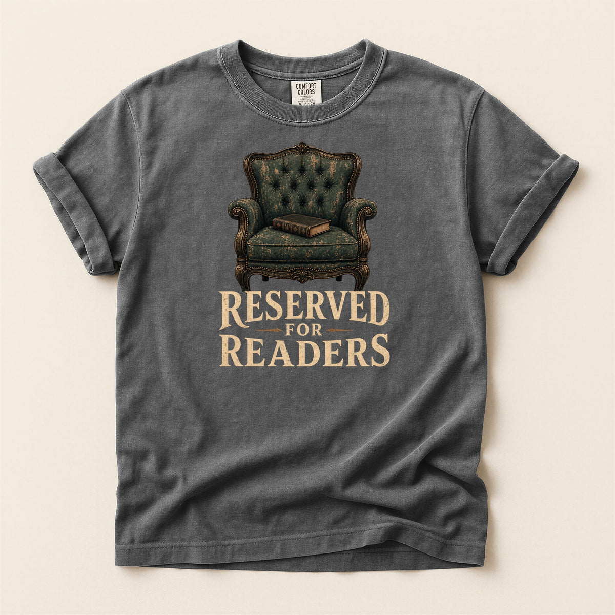 Shelf Love Studio Reserved for Readers t-shirt in Pepper, flat