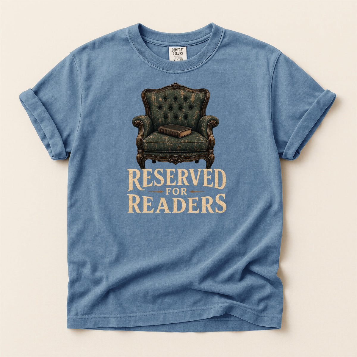Shelf Love Studio Reserved for Readers t-shirt in Blue Jean, flat