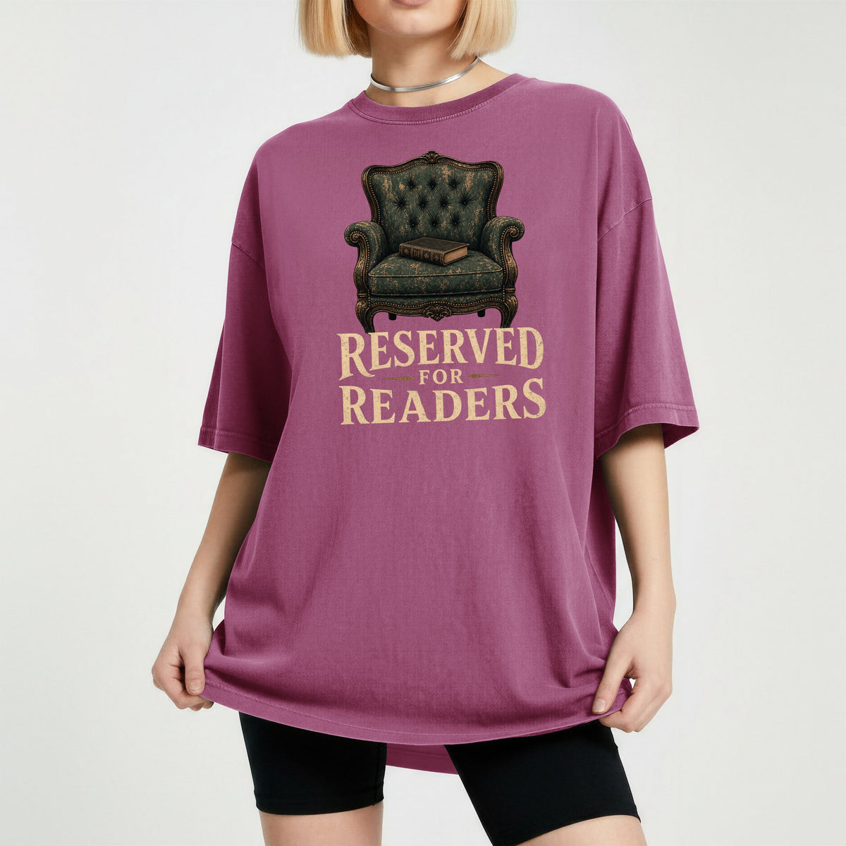 Shelf Love Studio Reserved for Readers t-shirt in Berry, worn