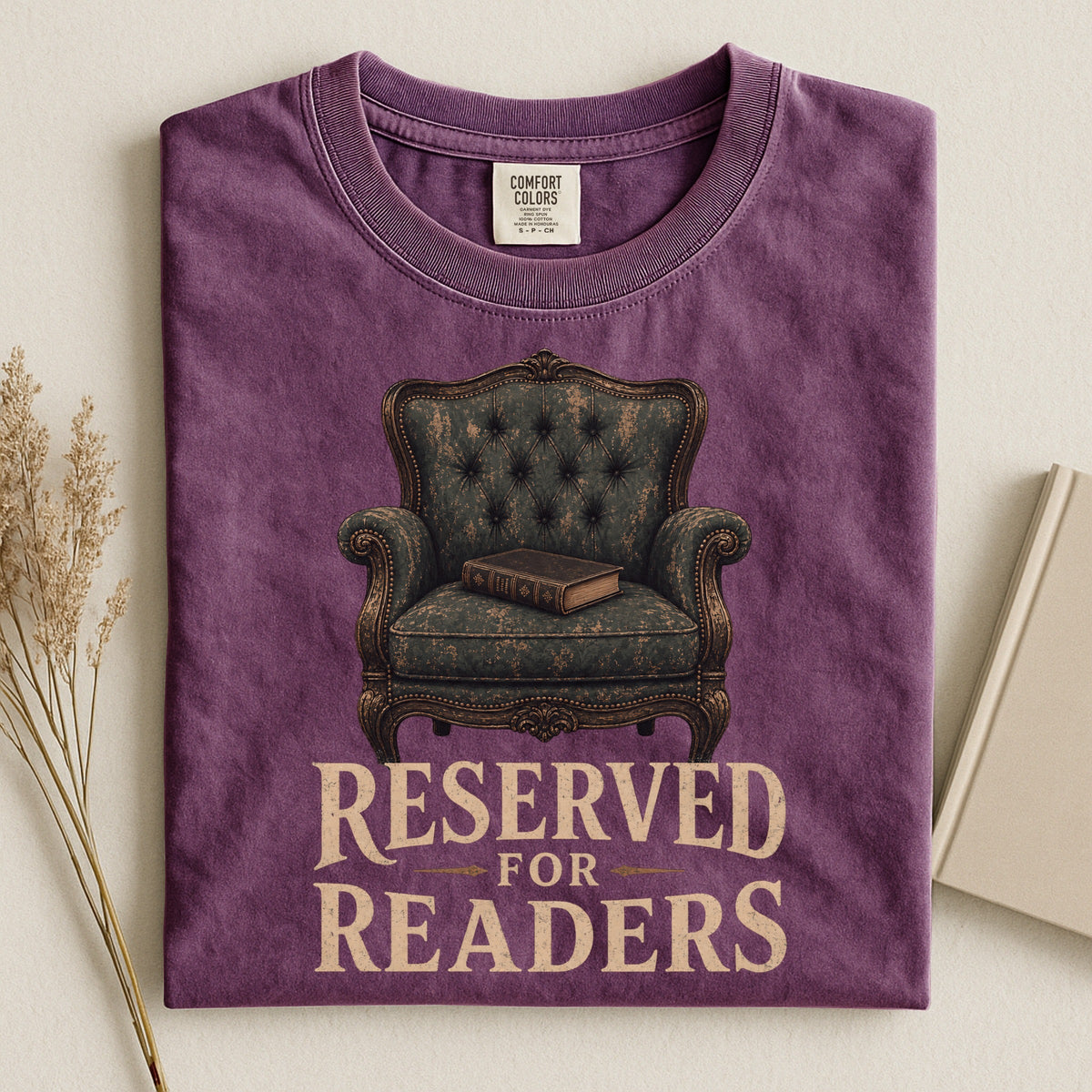 Shelf Love Studio Reserved for Readers t-shirt in Berry, styled flat lay