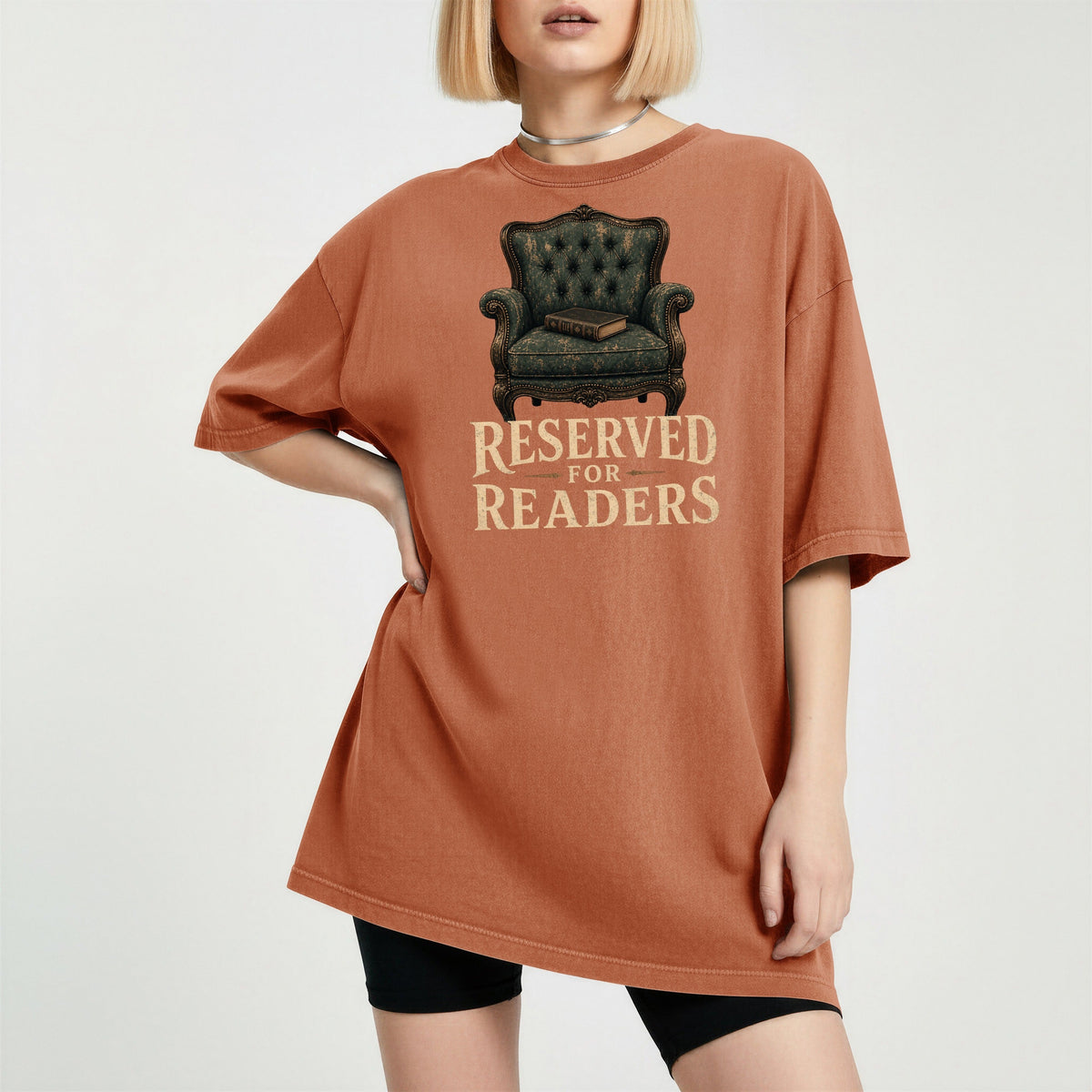 Shelf Love Studio Reserved for Readers t-shirt in Yam, worn
