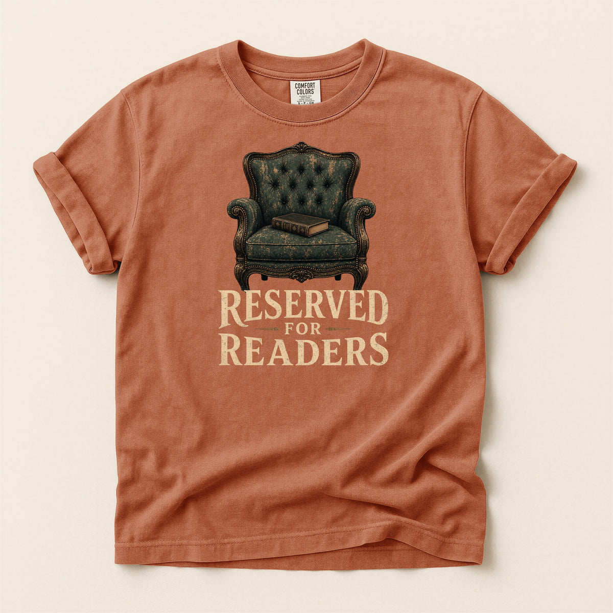 Shelf Love Studio Reserved for Readers t-shirt in Yam, flat