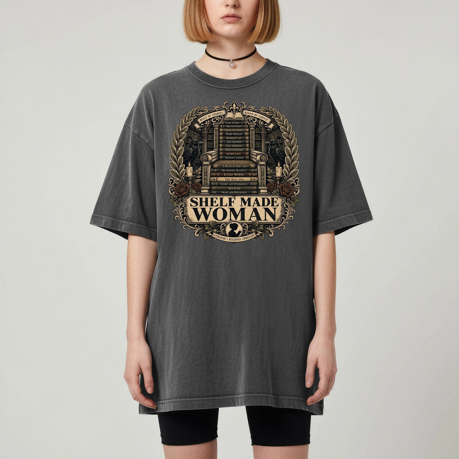 Shelf Made Woman bookish tee in Pepper, worn