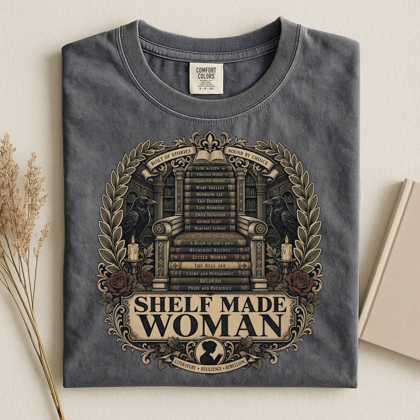 Shelf Made Woman bookish tee in Pepper, flat lay