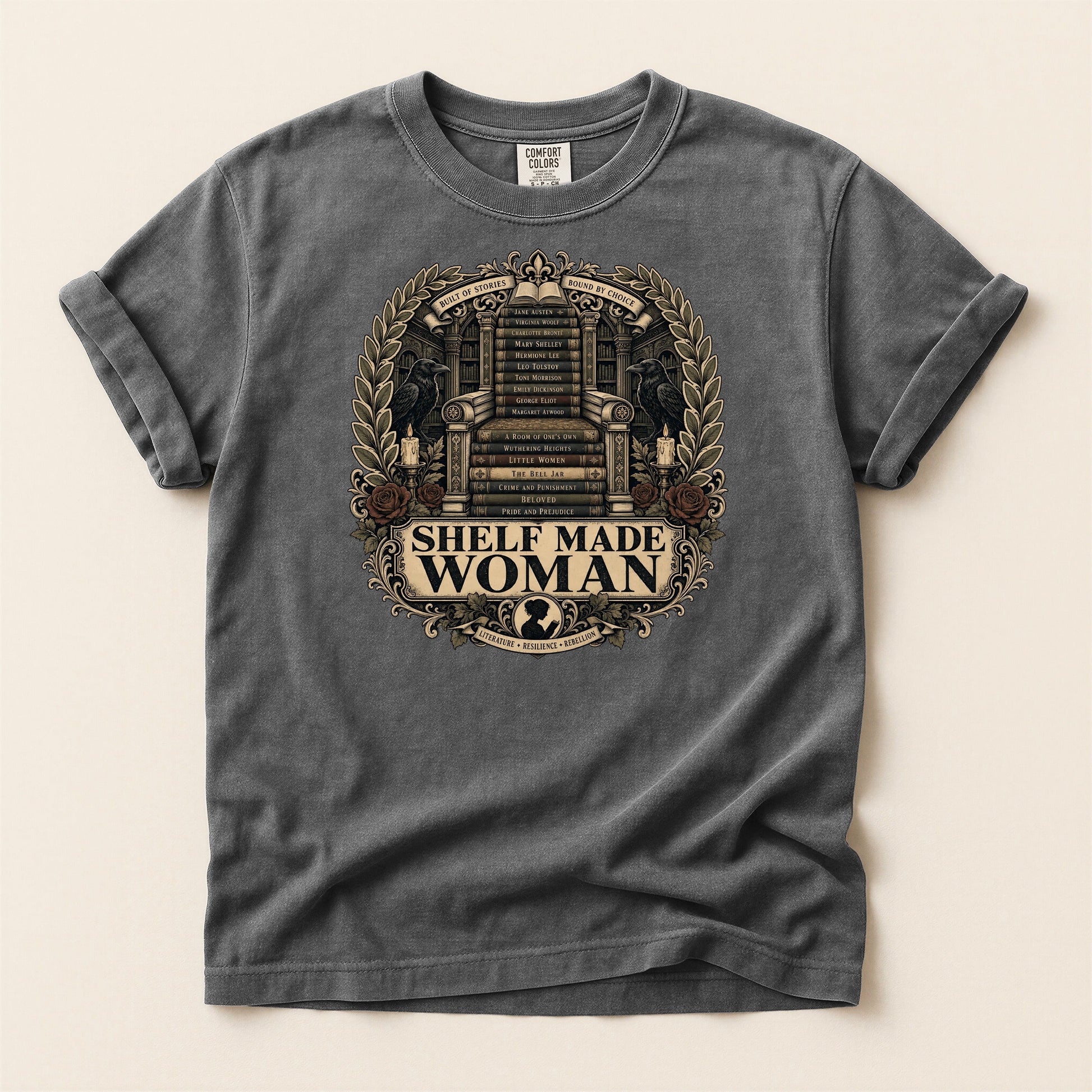 Shelf Made Woman bookish tee in Pepper, full flat