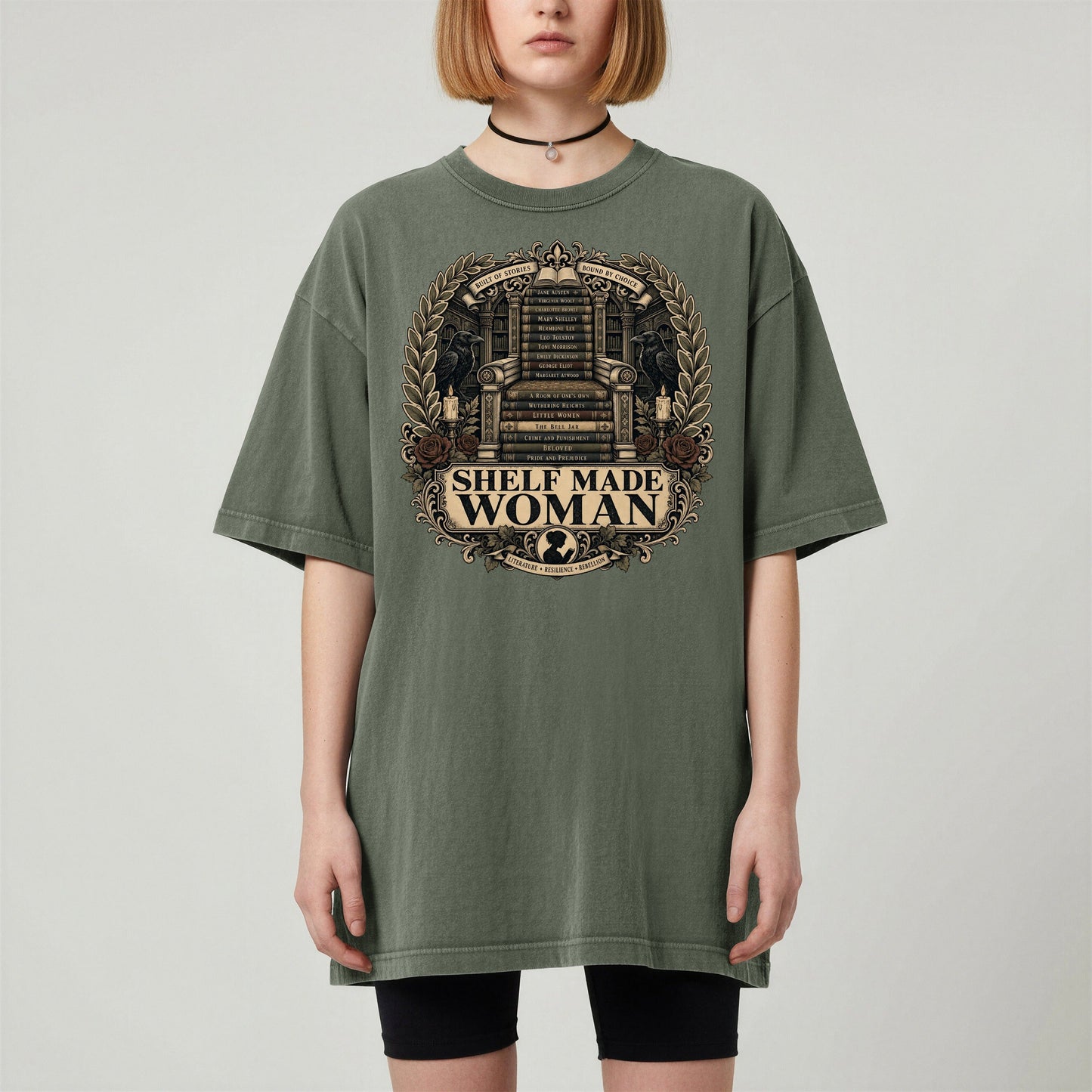 Shelf Made Woman bookish tee in Moss, worn