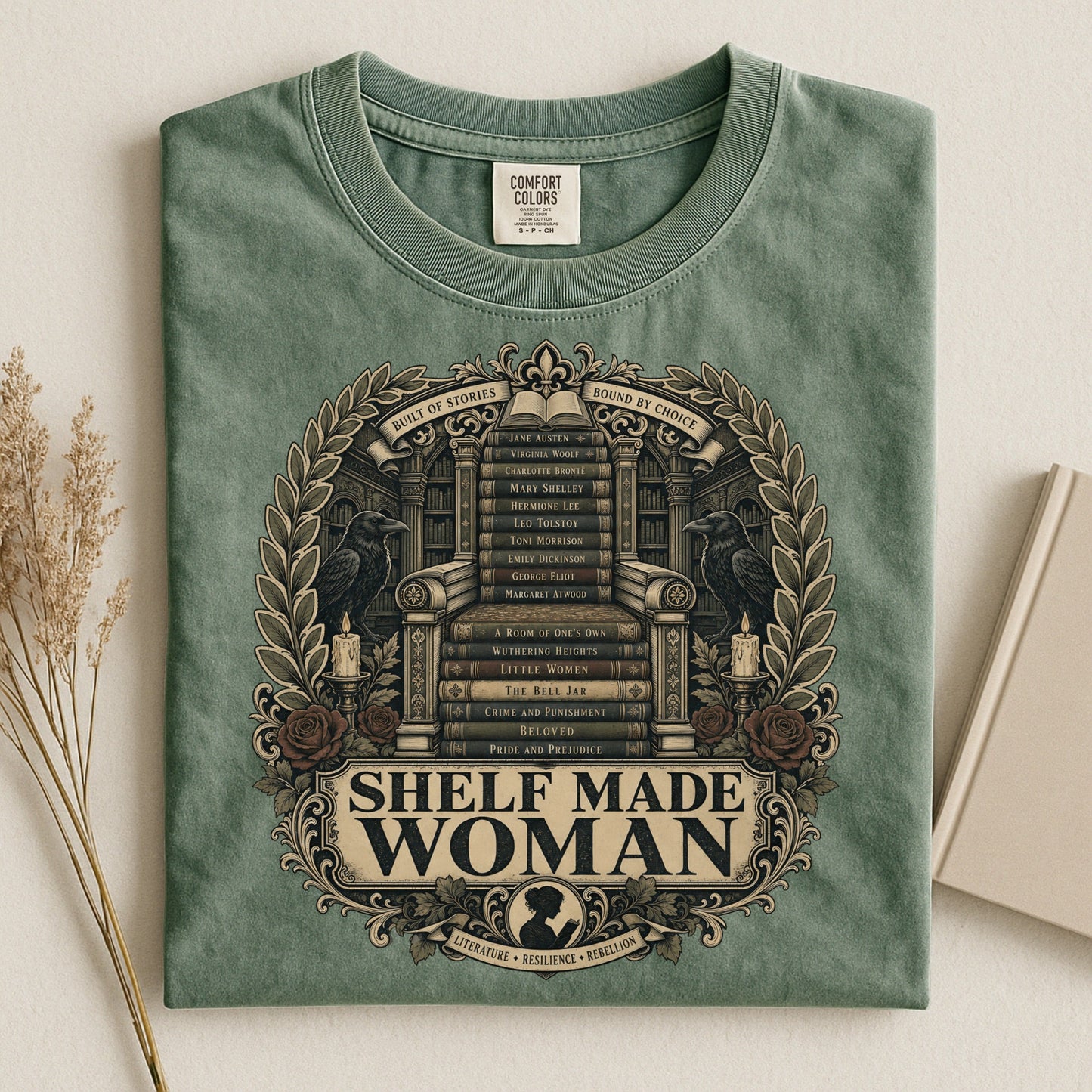 Shelf Made Woman bookish tee in Moss, flat lay