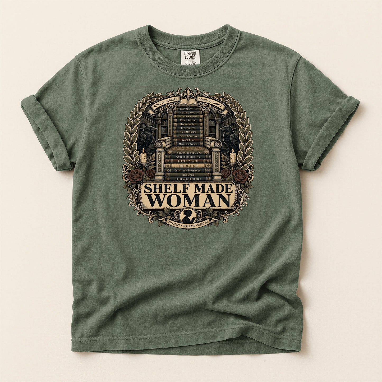 Shelf Made Woman bookish tee in Moss, full flat