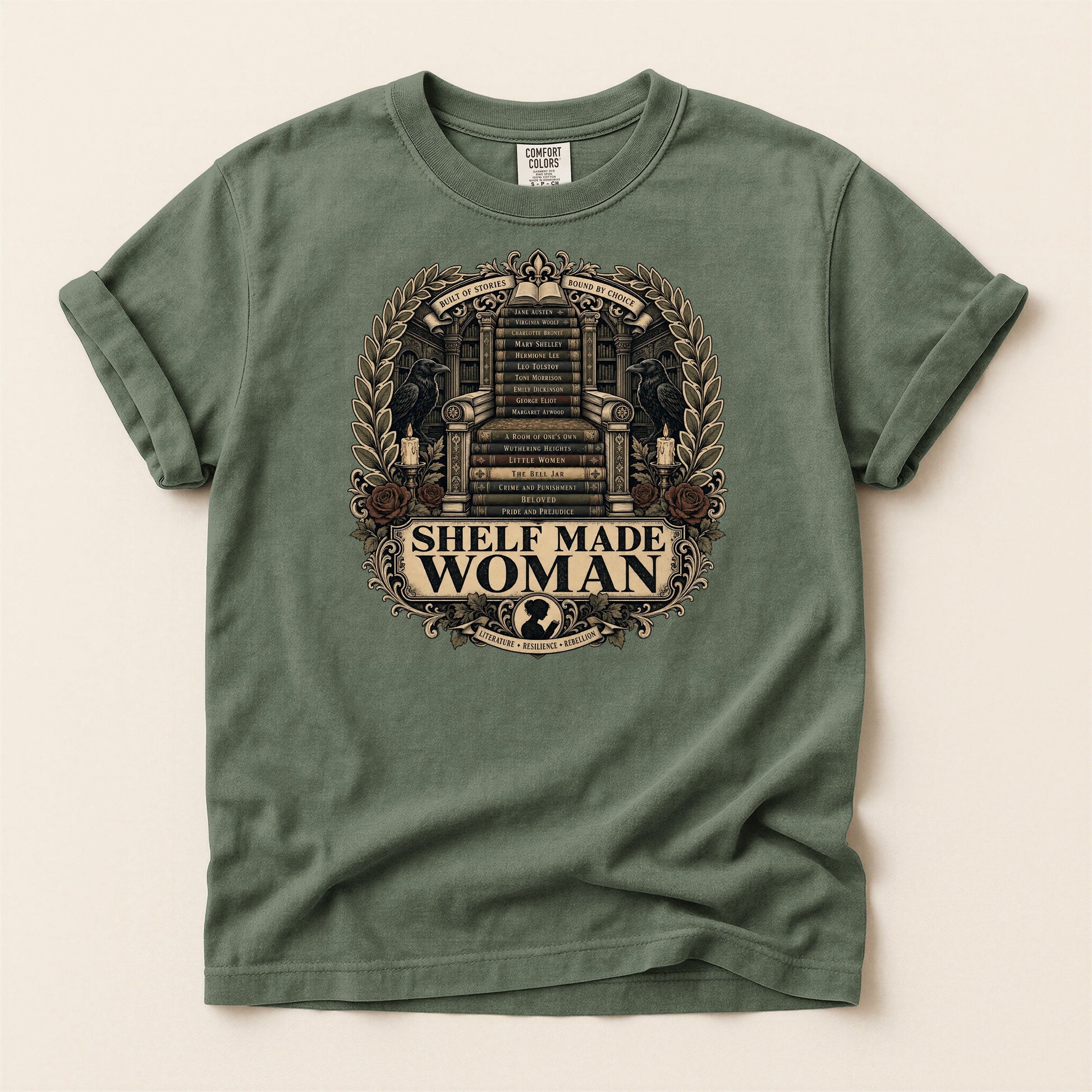 Shelf Made Woman bookish tee in Moss, full flat