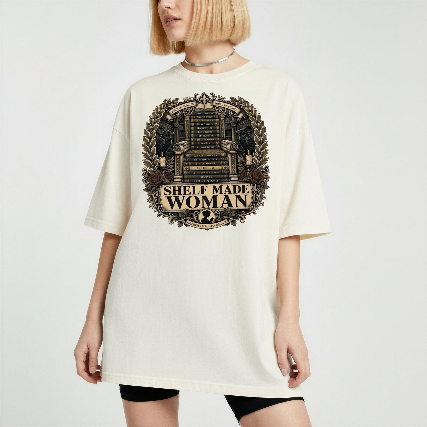 Shelf Made Woman bookish tee in Ivory, worn