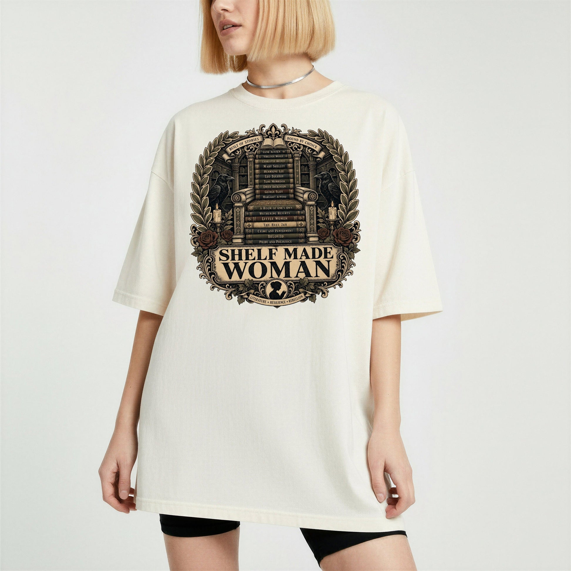 Shelf Made Woman bookish tee in Ivory, worn