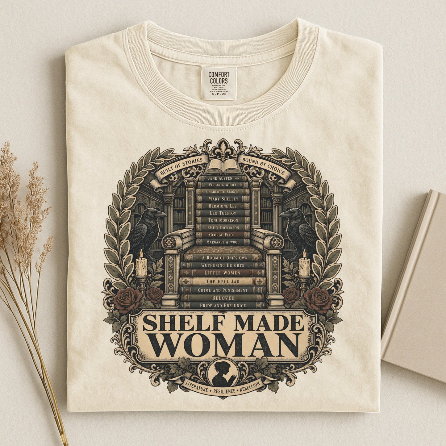 Shelf Made Woman bookish tee in Ivory, flat lay