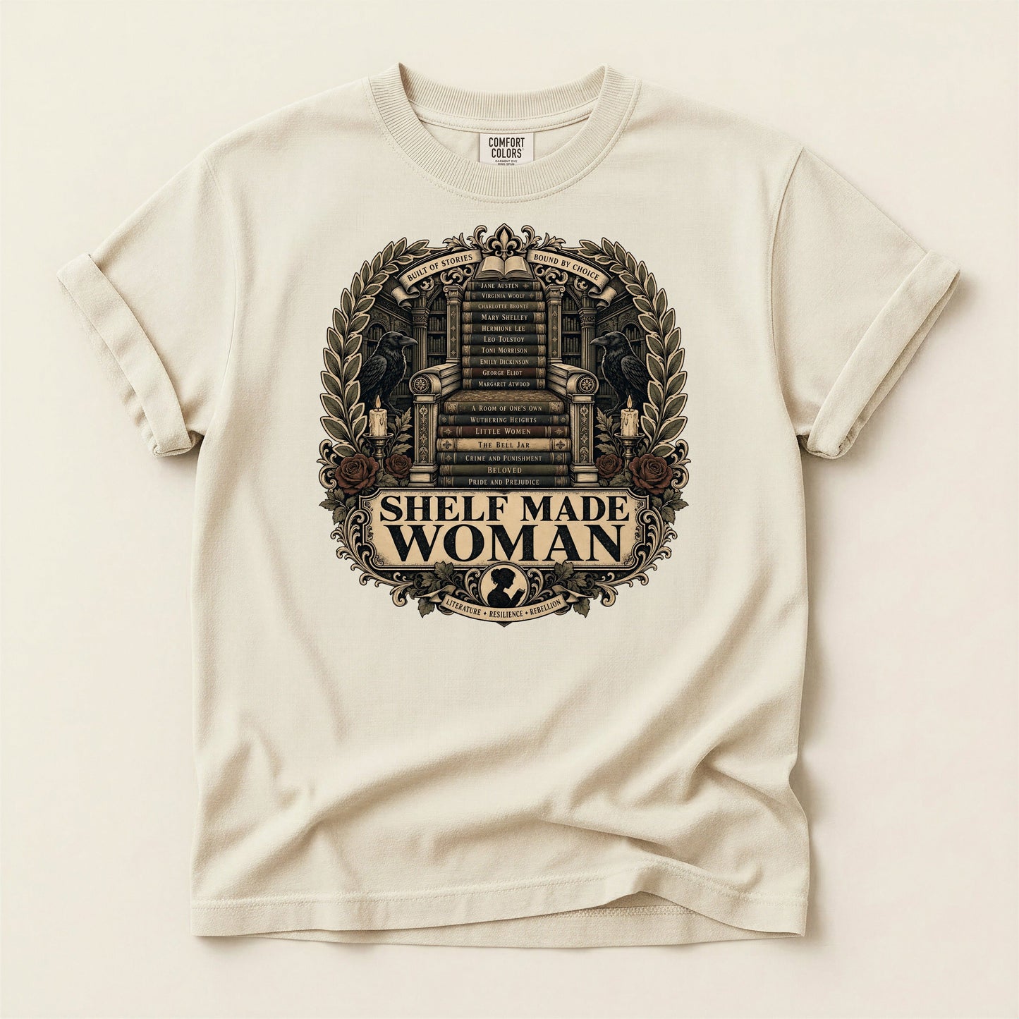 Shelf Made Woman bookish tee in Ivory, full flat