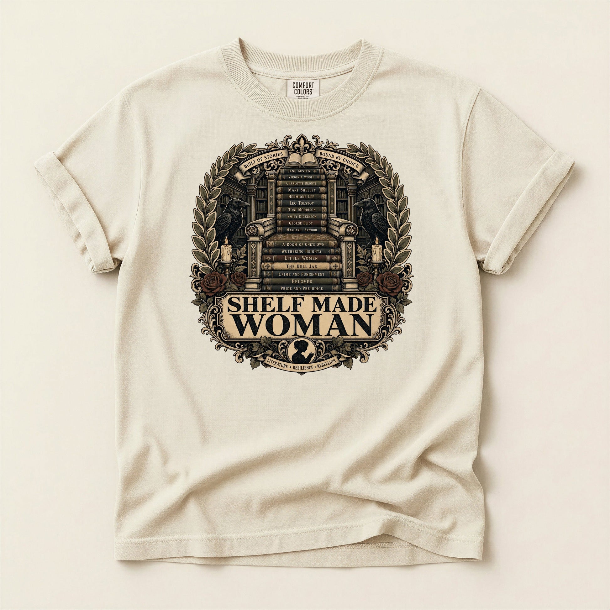 Shelf Made Woman bookish tee in Ivory, full flat