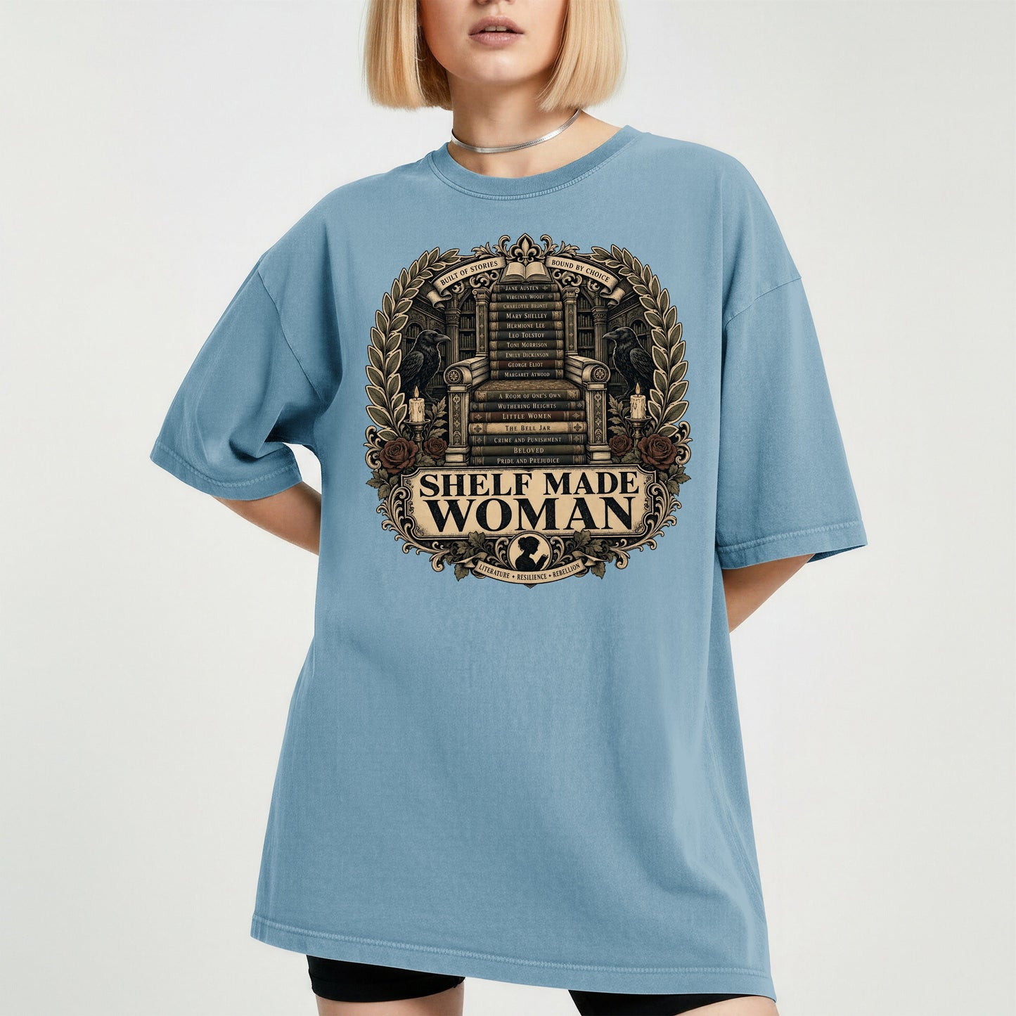 Shelf Made Woman bookish tee in Ice Blue, worn