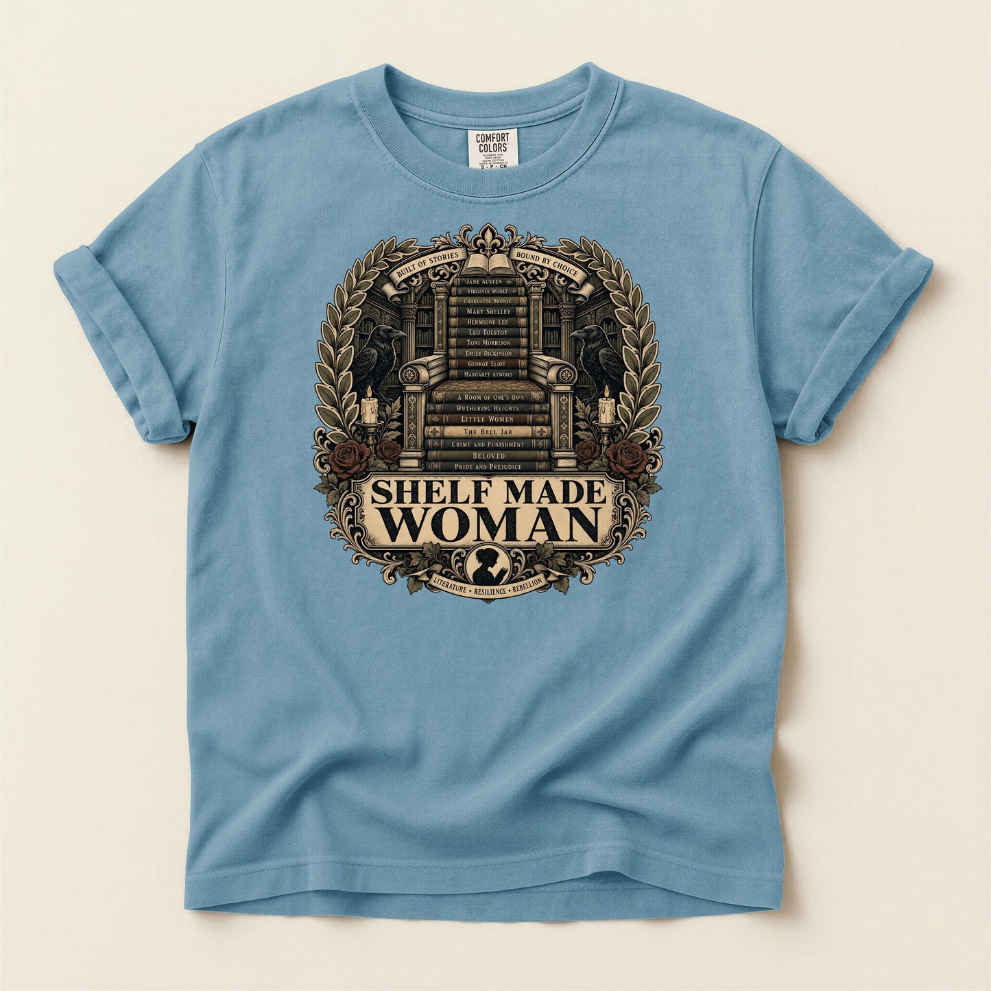 Shelf Made Woman bookish tee in Ice Blue, full flat