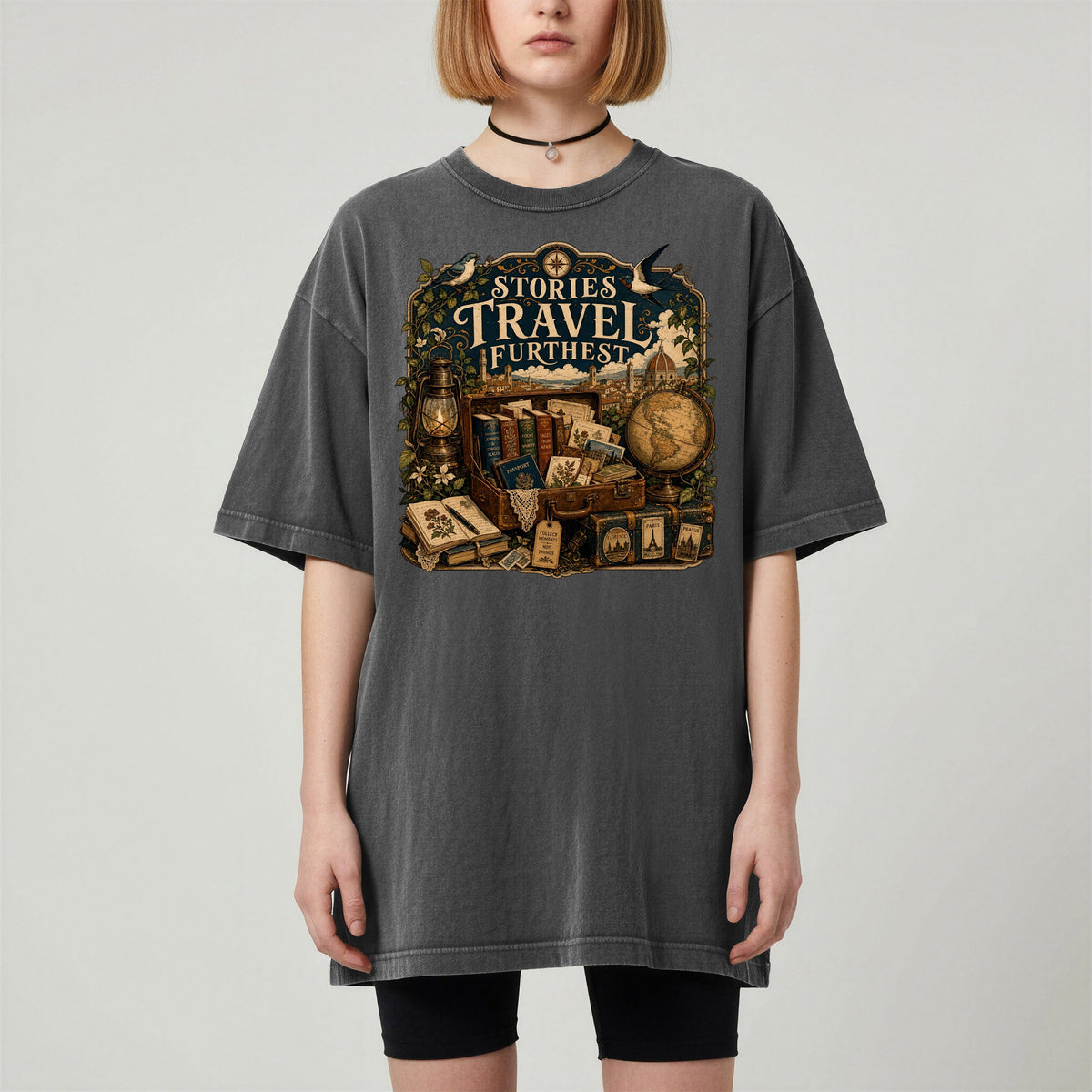 Stories Travel Furthest bookish tee in Pepper, worn